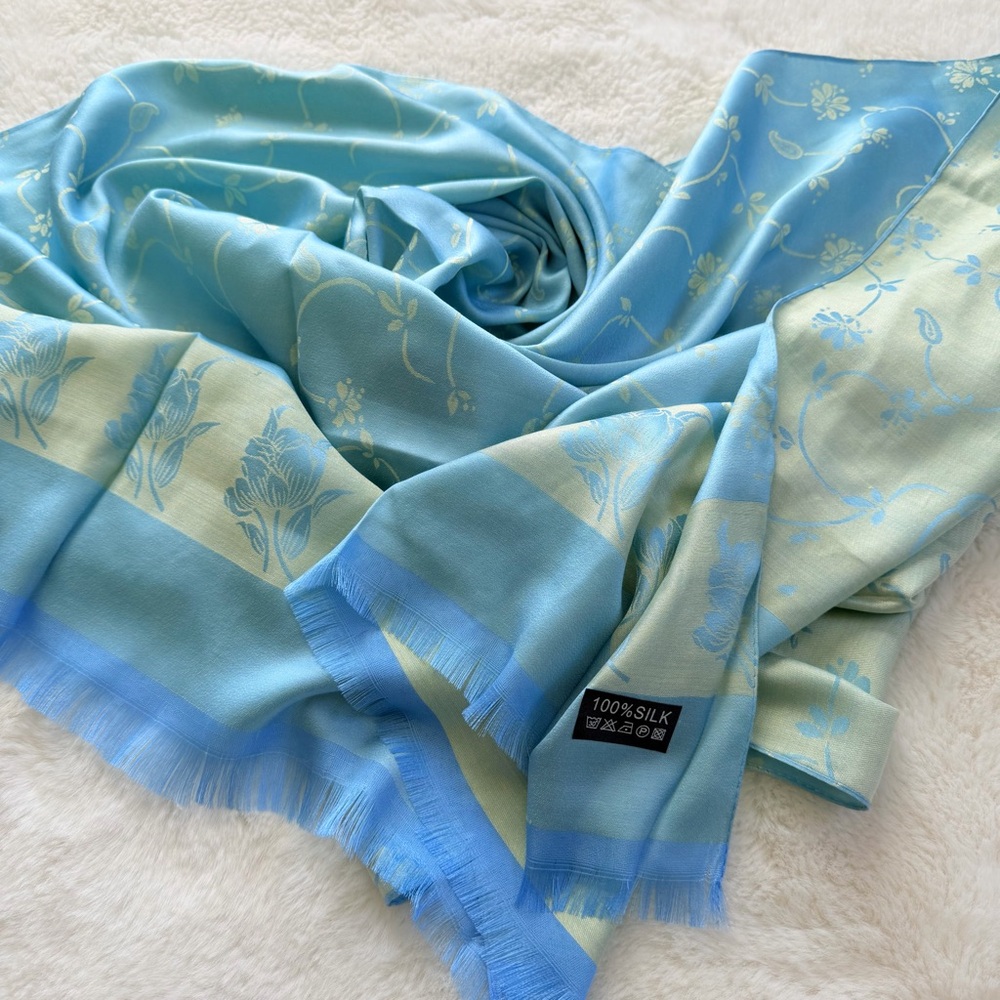 New 100% Silk Blue Floral Scarf 70” x 22”
